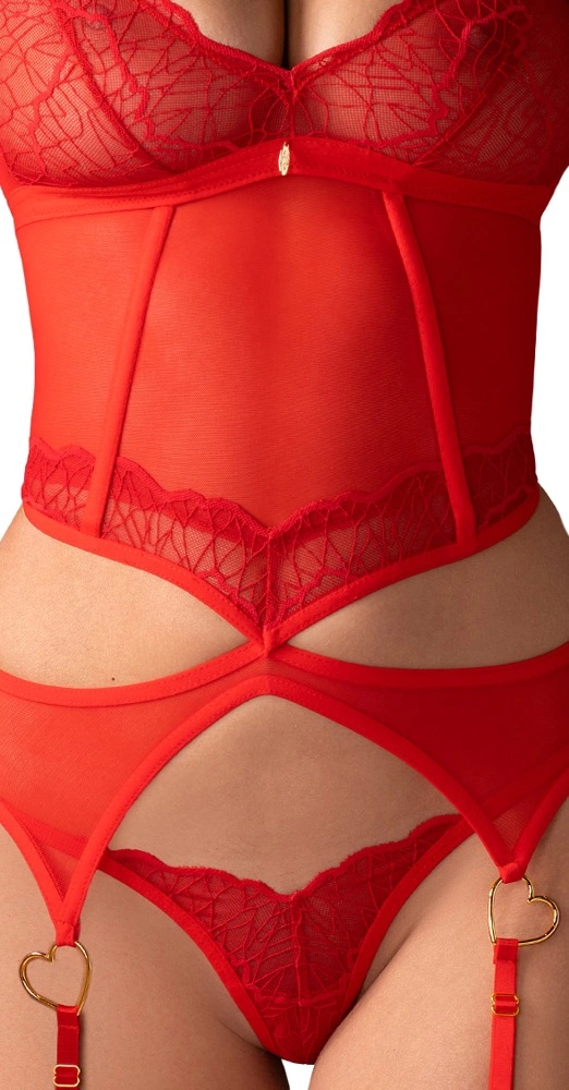 Obsessive Cupide Desir nėrinių korsetas ir stringai, raudoni, L/XL