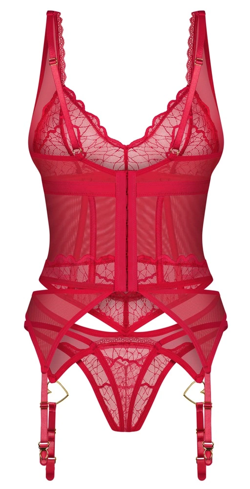 Obsessive Cupide Desir nėrinių korsetas ir stringai, raudoni, L/XL