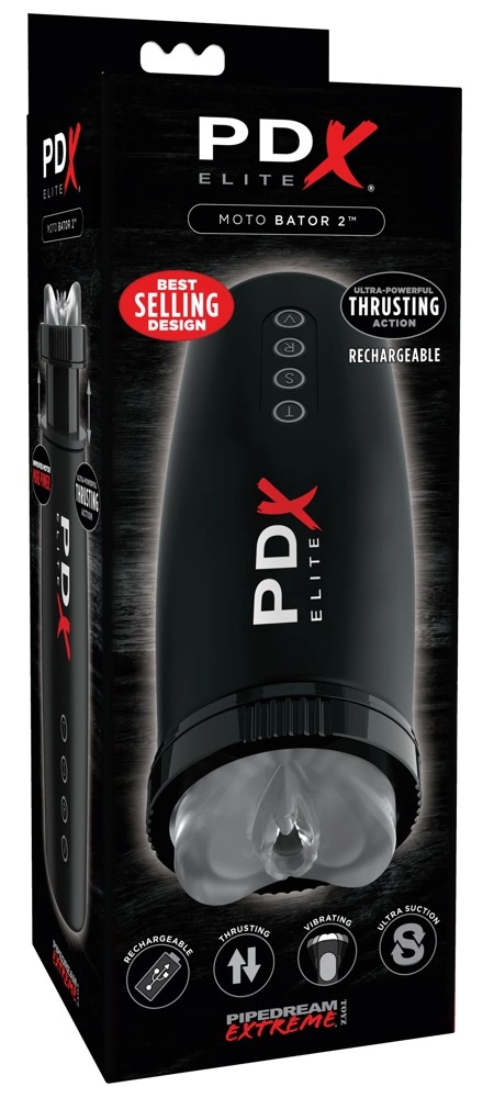 PDX Elite automatinis masturbatorius su stūmimu, vibracija ir siurbimu, juodas