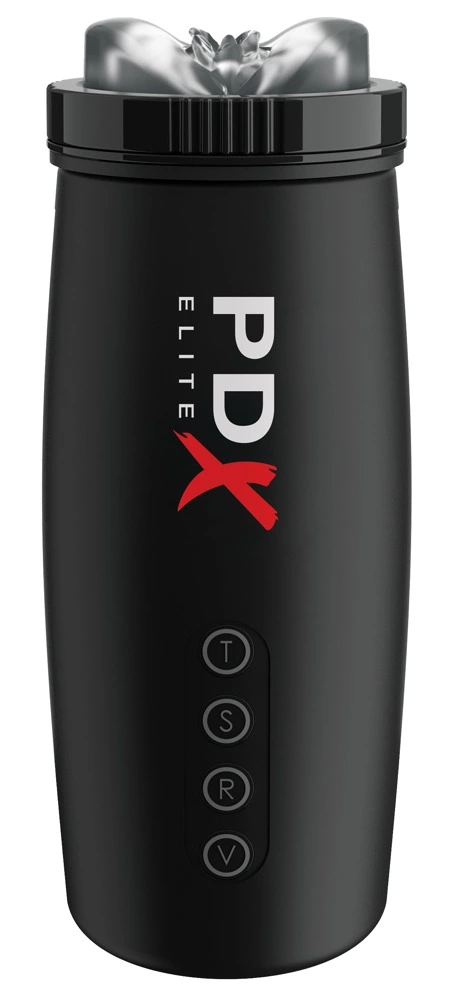 PDX Elite automatinis masturbatorius su stūmimu, vibracija ir siurbimu, juodas