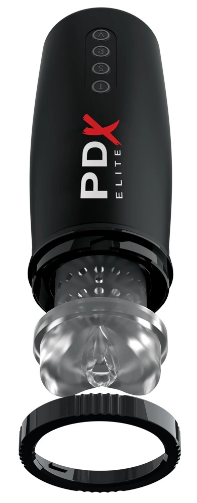 PDX Elite automatinis masturbatorius su stūmimu, vibracija ir siurbimu, juodas