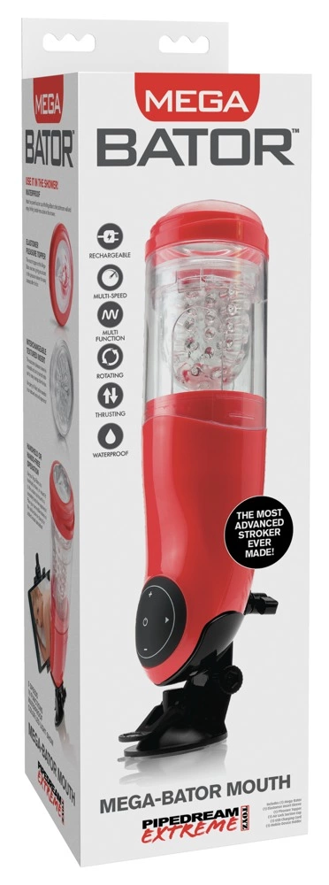 Pipedream Mega-Bator Mouth automatinis masturbatorius su burnos anga, raudonas ir skaidrus