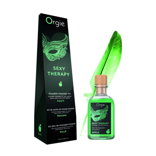 Orgie Lips masažo rinkinys su šildančiu aliejumi ir plunksna, obuolių aromato, 100 ml