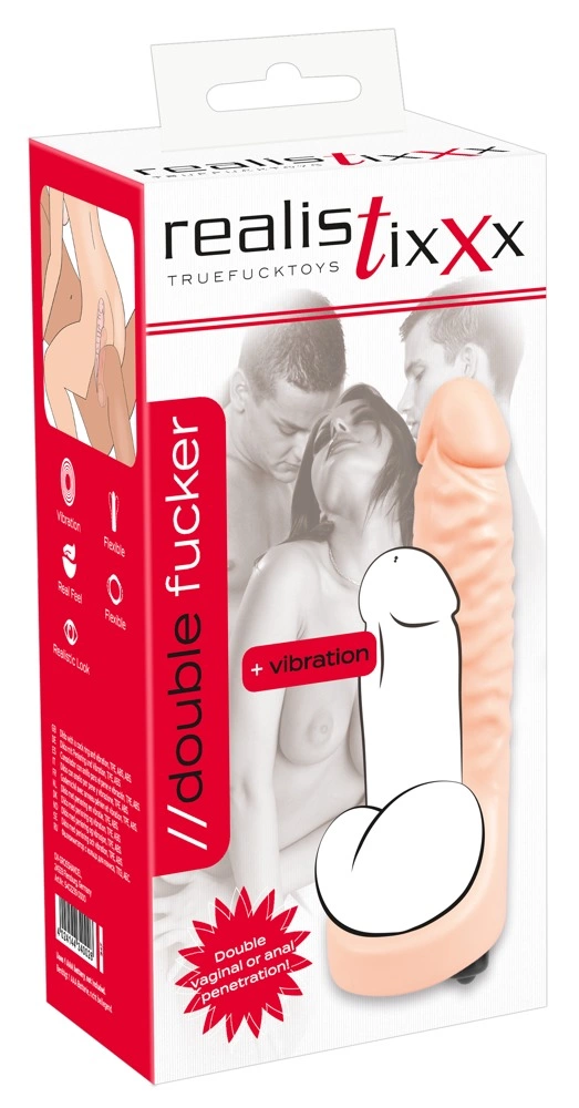 Realistixxx Double Fucker vibruojantis penio antgalis su žiedu, kūno spalvos, 18 cm
