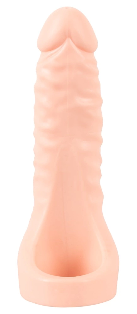 Realistixxx Double Fucker vibruojantis penio antgalis su žiedu, kūno spalvos, 18 cm