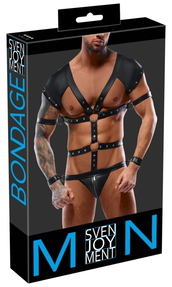 Svenjoyment Bondage vyriškas matinis bodis su fiksavimo juostomis, juodas, XL