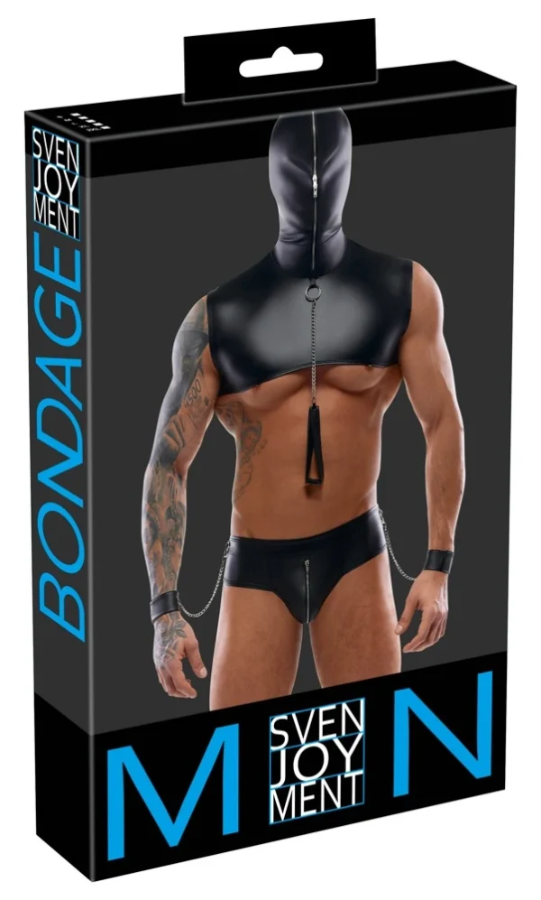 Svenjoyment Bondage vyriškas komplektas su gobtuvu ir priedais, matinis juodas, 2XL