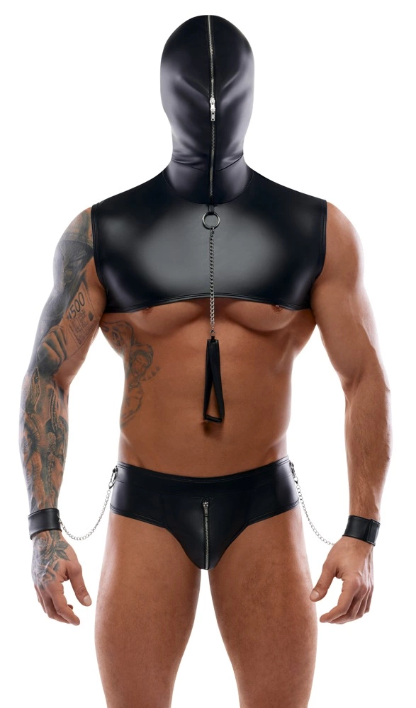 Svenjoyment Bondage vyriškas komplektas su gobtuvu ir priedais, matinis juodas, 2XL