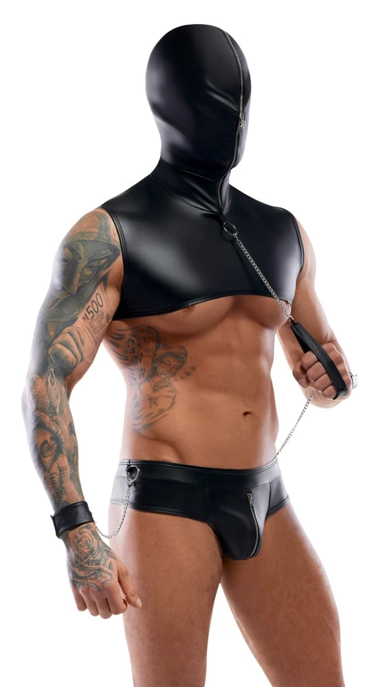 Svenjoyment Bondage vyriškas komplektas su gobtuvu ir priedais, matinis juodas, 2XL