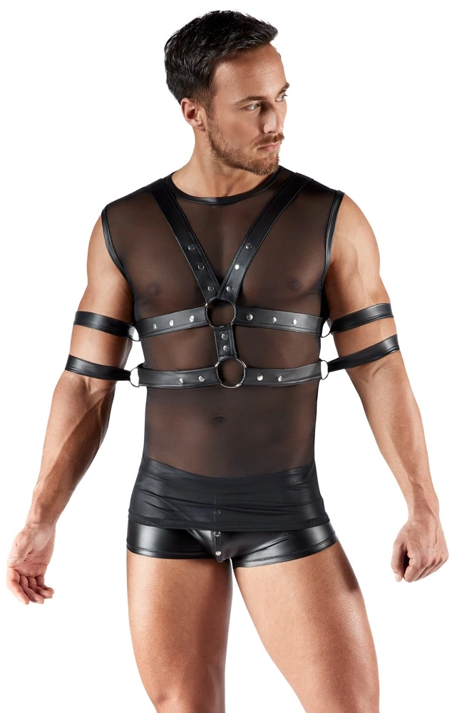 Svenjoyment Bondage vyriški marškinėliai be rankovių su diržais ir apyrankėmis, juodi, M
