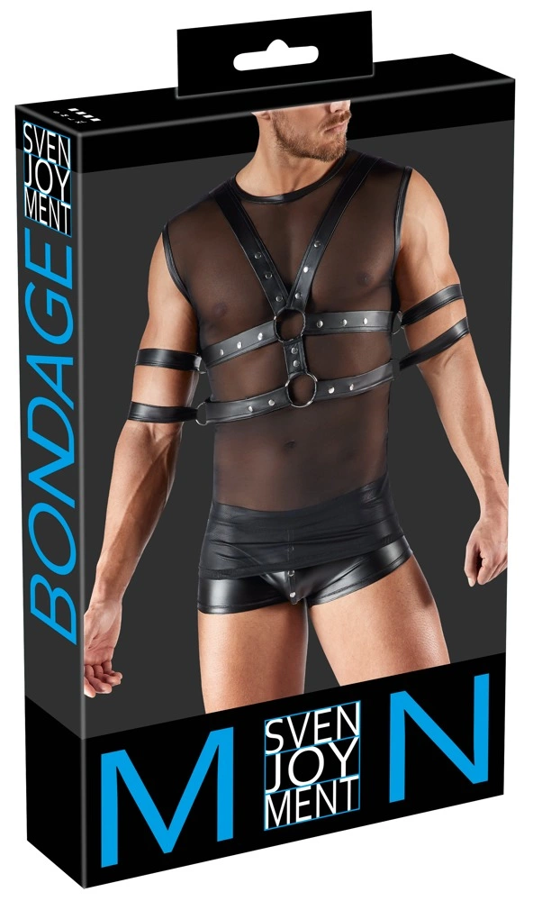 Svenjoyment Bondage vyriški marškinėliai be rankovių su diržais ir apyrankėmis, juodi, L
