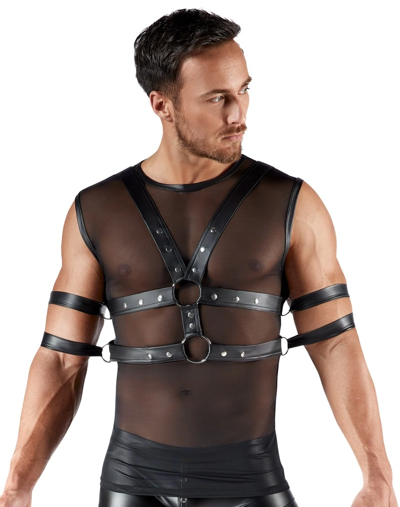 Svenjoyment Bondage vyriški marškinėliai be rankovių su diržais ir apyrankėmis, juodi, L