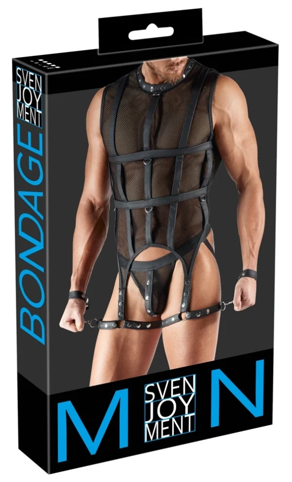 Svenjoyment Bondage vyriškas tinklinis komplektas su diržais ir apyrankėmis, XL