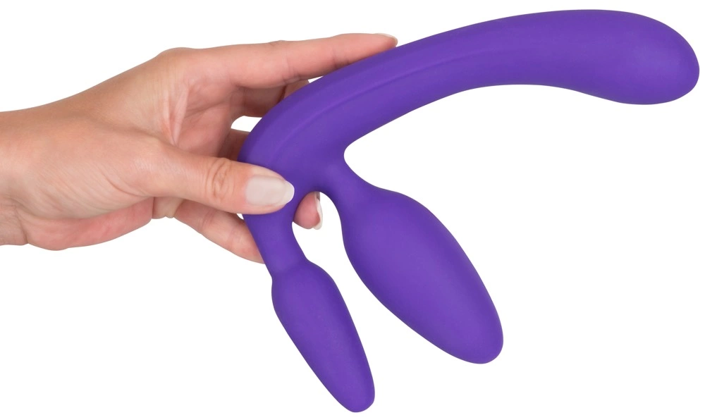Strapless Strap-On silikoninis dvigubas dildo su analiniu kaiščiu, violetinis