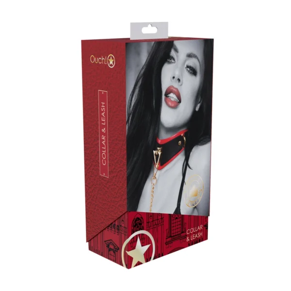Ouch! by Shots Milan Collection antkaklis su pavadėliu, klijuota oda, juodas ir raudonas