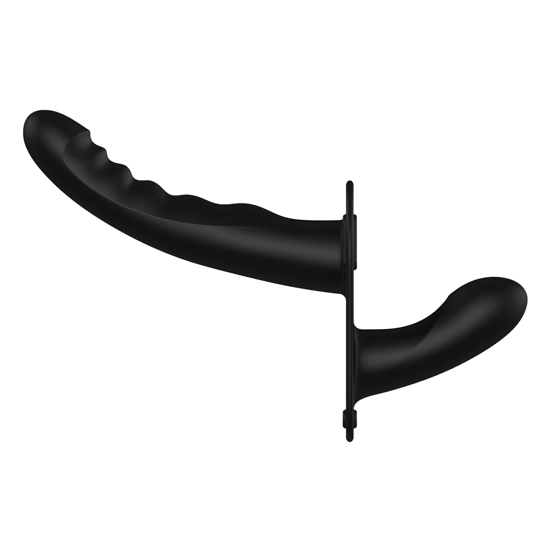 Ouch! by Shots dviejų galų silikoninė strap-on sistema su reguliuojamais diržais, juoda