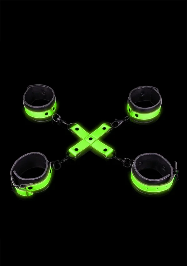 Ouch! by Shots Glow in the Dark rankų ir kulkšnių manžetės su hogtie jungtimi