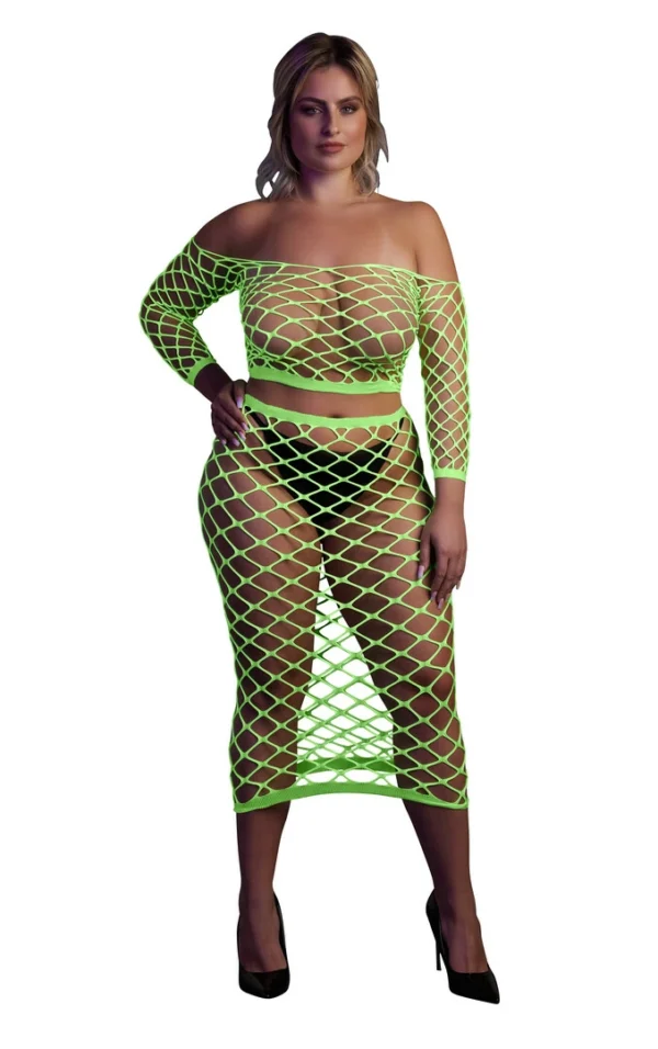 Ouch! by Shots neoninis topo ir ilgo sijono komplektas, švyti UV šviesoje, XL/XXXXL