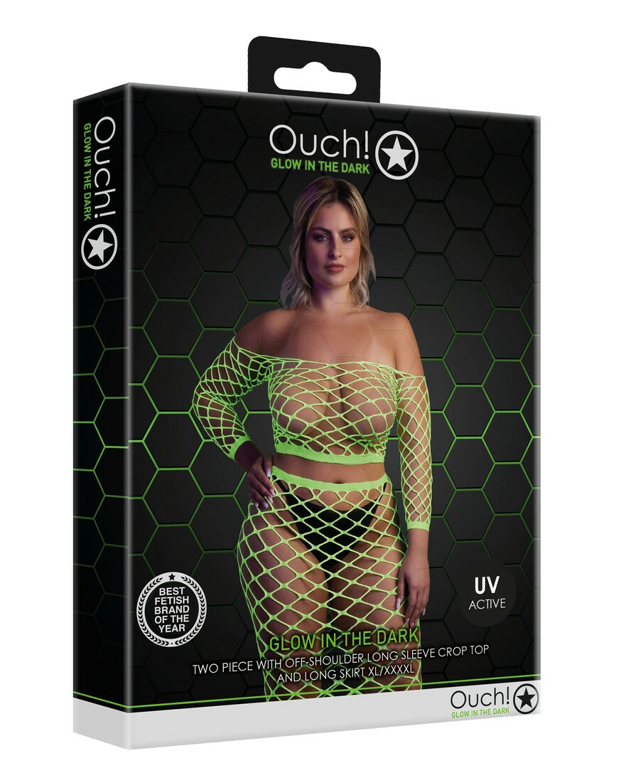 Ouch! by Shots neoninis topo ir ilgo sijono komplektas, švyti UV šviesoje, XL/XXXXL