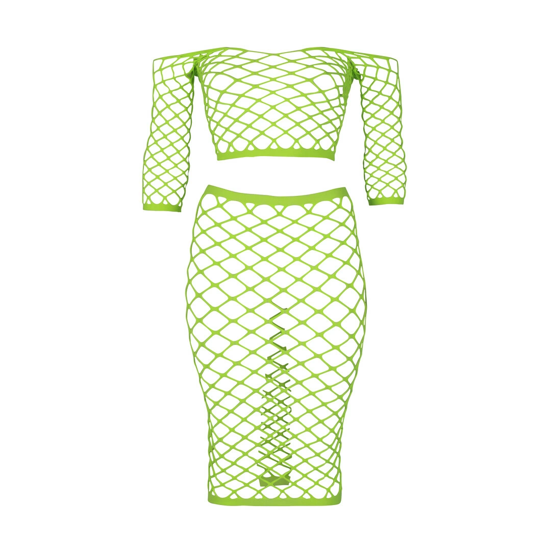 Ouch! by Shots neoninis topo ir ilgo sijono komplektas, švyti UV šviesoje, XL/XXXXL