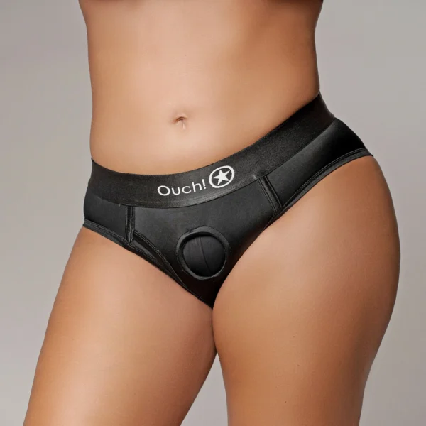 Ouch! by Shots aukšto juosmens vibruojančios strap-on kelnaitės su O-ring, XL/XXL