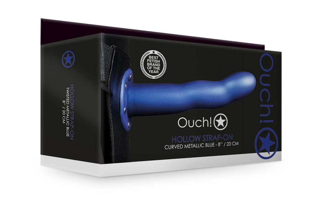 Ouch! by Shots Curved Hollow Strap-On, tuščiaviduris strap-on su diržais, 20 cm, juodas