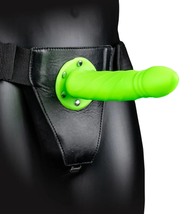 Ouch! by Shots tuščiaviduris spiralinis strap-on, švytintis tamsoje, 20 cm
