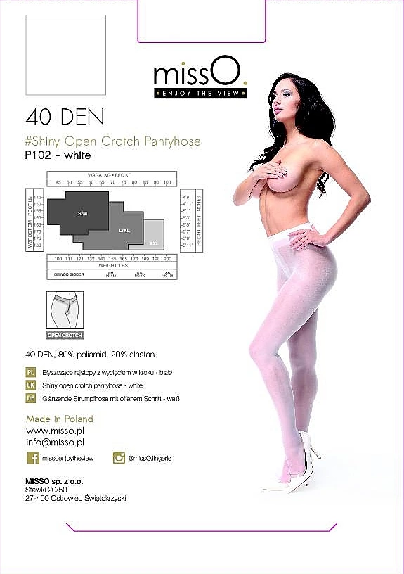 MissO P102 pėdkelnės su atviru tarpkojiu, 40 DEN, baltos, S/M