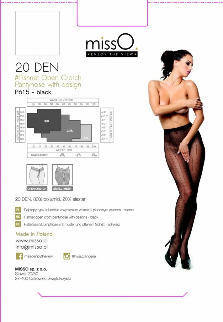 MissO P615 tinklinės pėdkelnės su atviru tarpkojiu ir juostelėmis, 20 DEN, juodos, L/XL