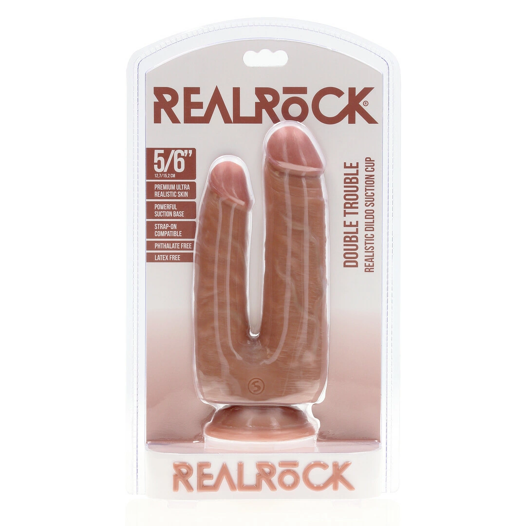 RealRock by Shots Double dvipusis dildo su siurbtuku, kūno spalvos
