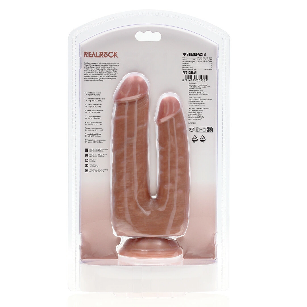RealRock by Shots Double dvipusis dildo su siurbtuku, kūno spalvos