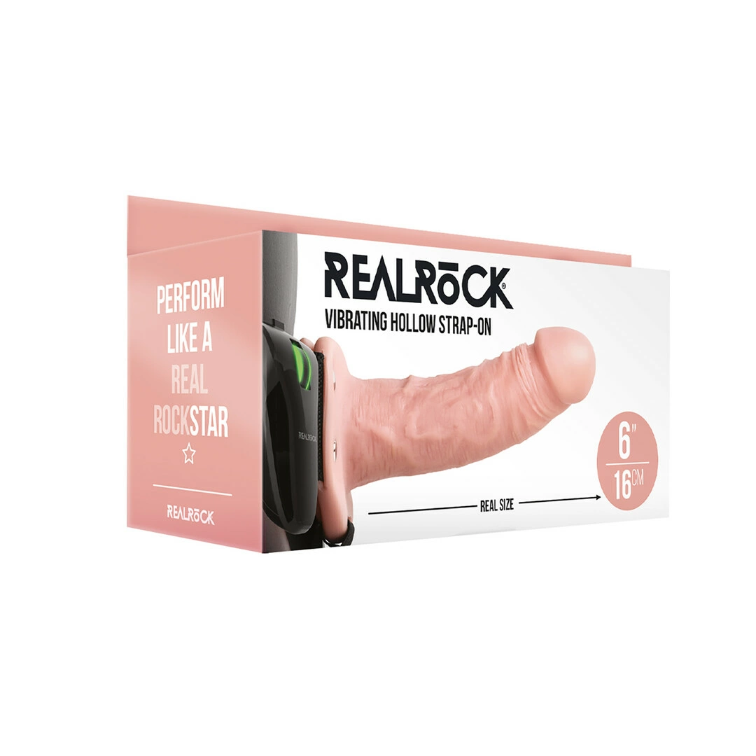 RealRock by Shots 15,5 cm vibruojantis tuščiaviduris strap-on su reguliuojamu diržu