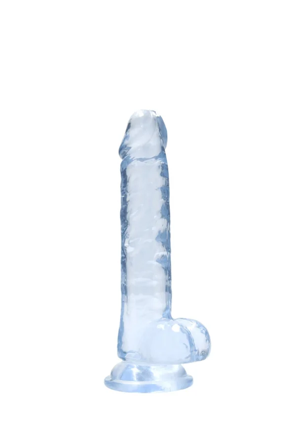 RealRock by Shots Crystal Clear dildo su sėklidėmis ir siurbtuku, 19 cm, skaidrus