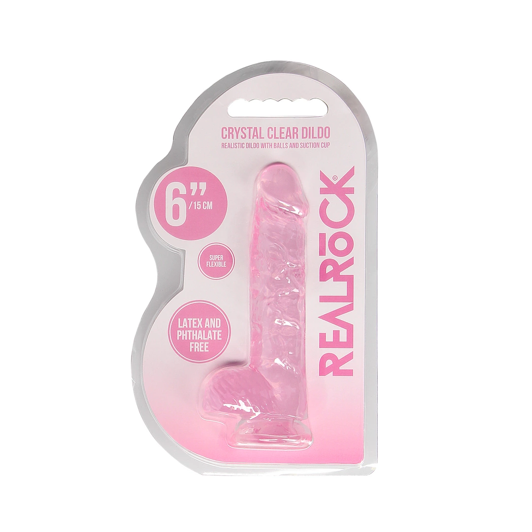 RealRock by Shots Crystal Clear dildo su anatominiu pagrindu ir siurbtuku, 17 cm