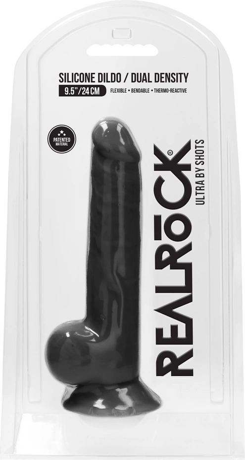 RealRock Ultra dviejų tankių silikoninis dildo su sėklidėmis ir siurbtuku, 24 cm