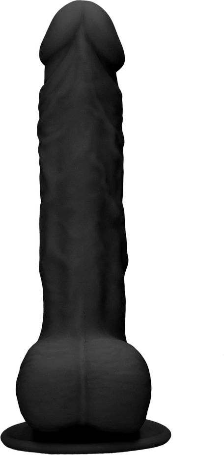 RealRock Ultra dviejų tankių silikoninis dildo su sėklidėmis ir siurbtuku, 24 cm