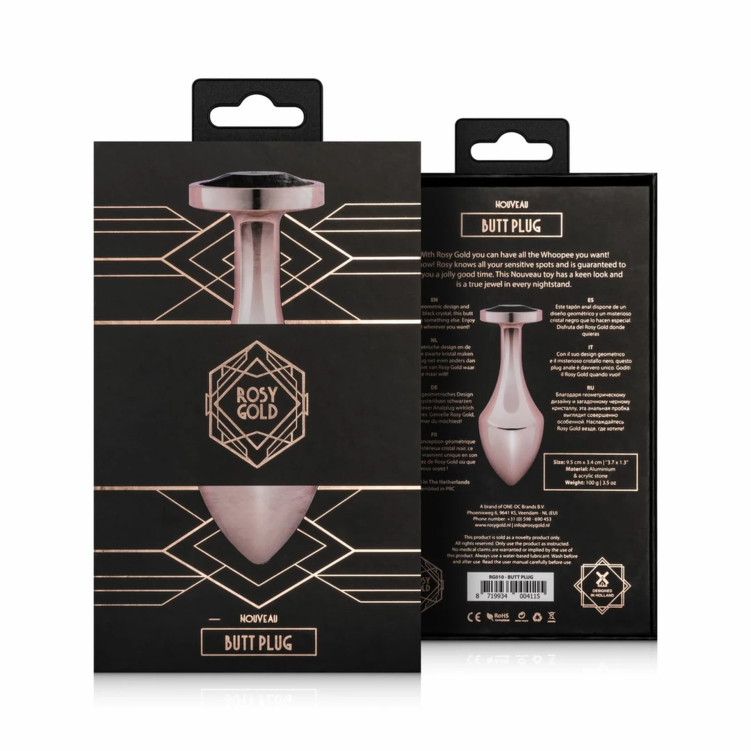 Rosy Gold Nouveau geometrinės formos analinis kaištis iš aliuminio su juodu kristalu