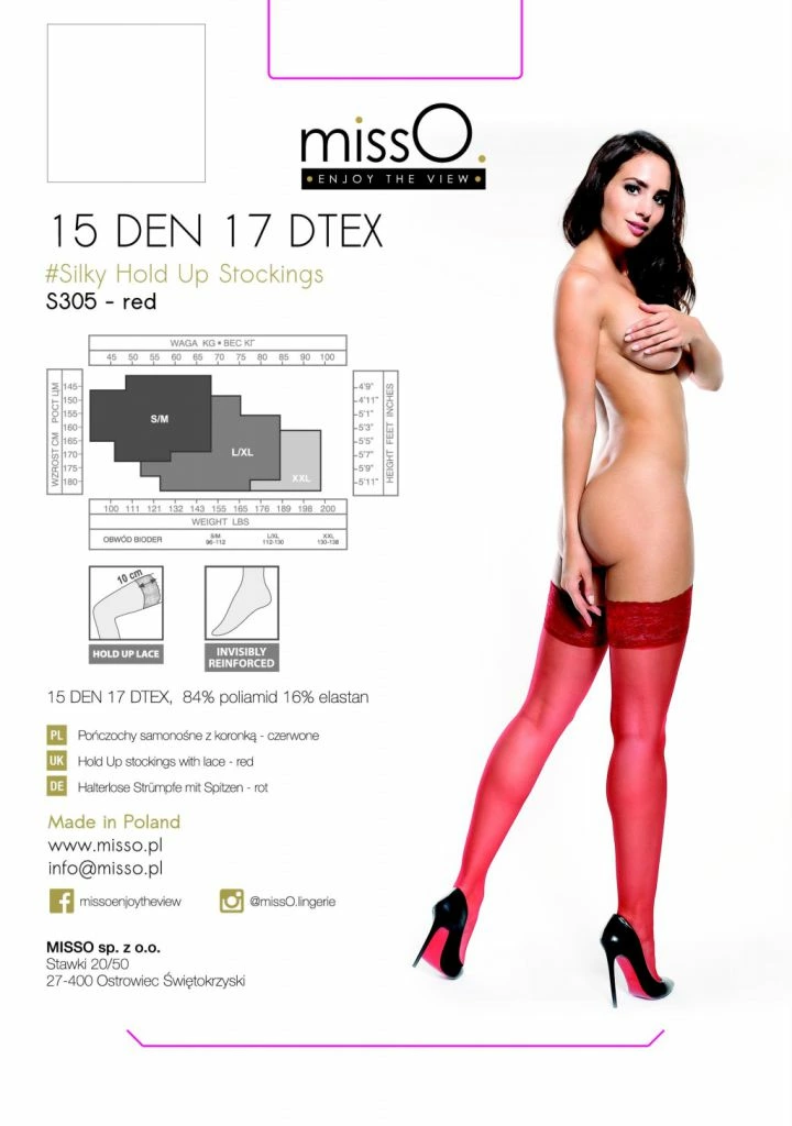 MissO S305 savaime besilaikančios kojinės su nėriniais, 15 DEN, raudonos, L/XL