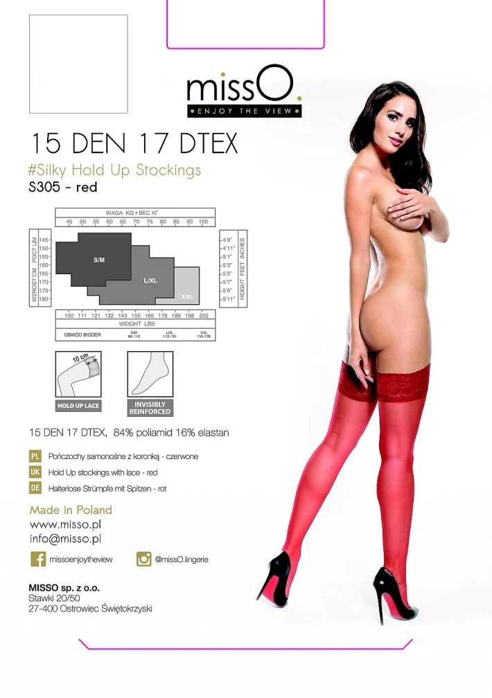 MissO S305 savaime besilaikančios kojinės su nėriniais, 15 DEN, raudonos, XXL