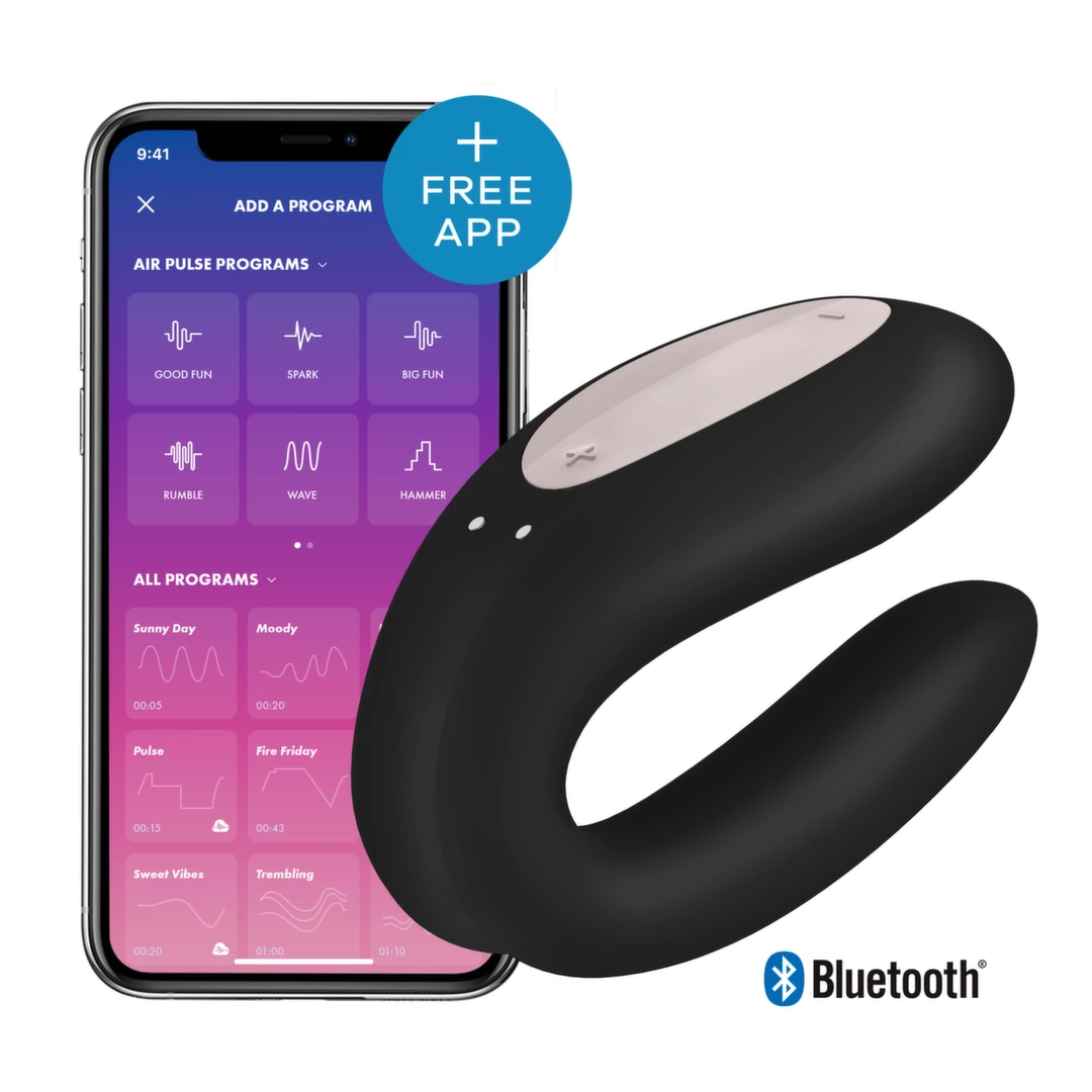 Satisfyer Double Joy vibratorius poroms, valdomas programėle, juodas