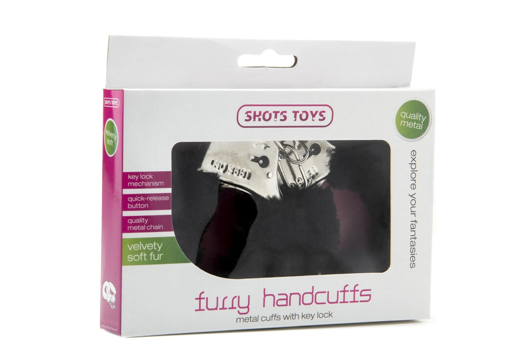 Shots Toys antrankiai su dirbtiniu kailiuku ir greito atlaisvinimo mygtuku, 26 cm