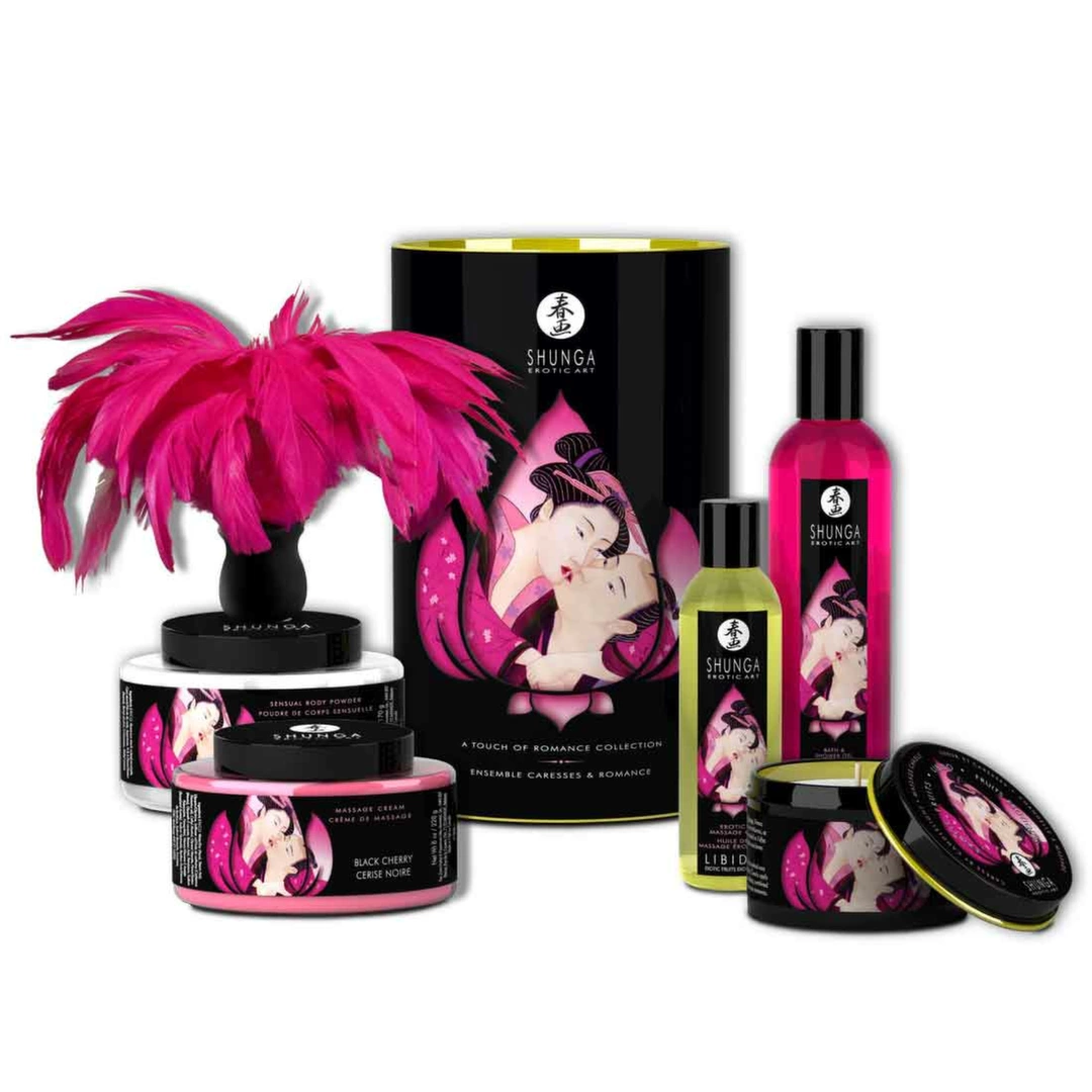 Shunga Touch of Romance dovanų rinkinys poroms su masažo aliejumi, šokoladu ir geliu