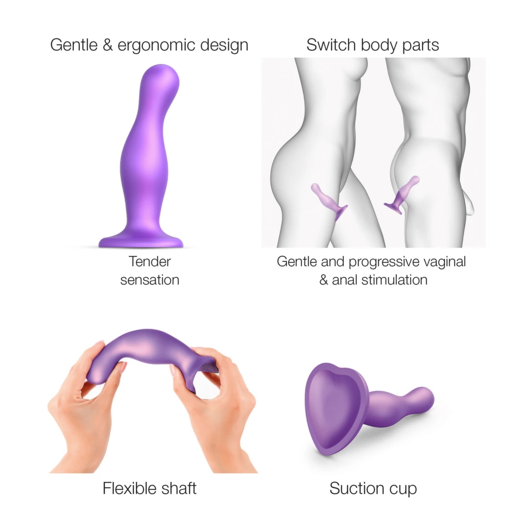Strap-On-Me Curvy silikoninis dildo su siurbtuku, L, metalizuotas violetinis