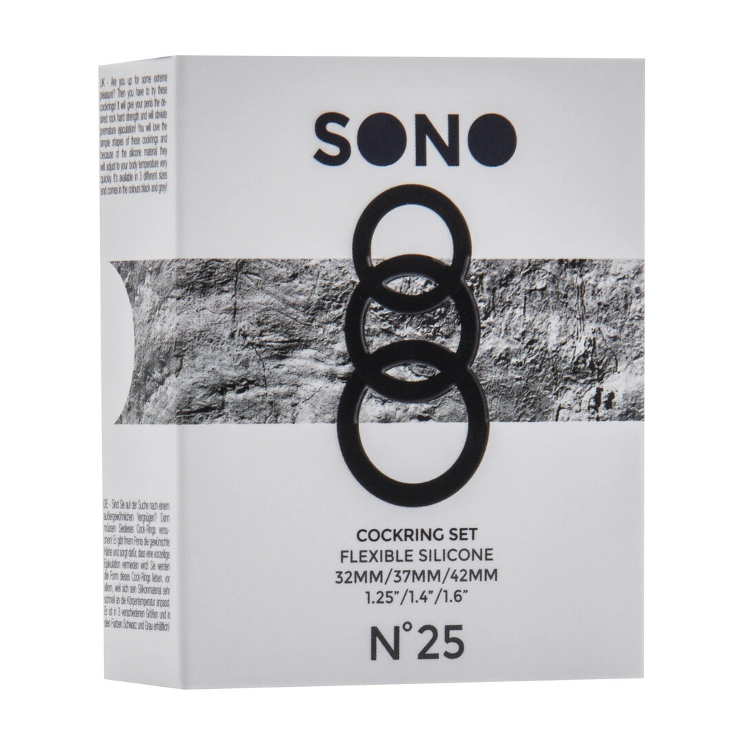 Sono by Shots No.25 medicininio silikono varpos žiedų rinkinys, 3 dydžiai, juodi ir pilki