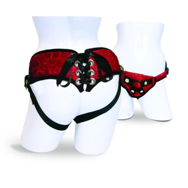 Sportsheets Sunrise Lace Corsette strap-on diržai su nėriniais, raudoni