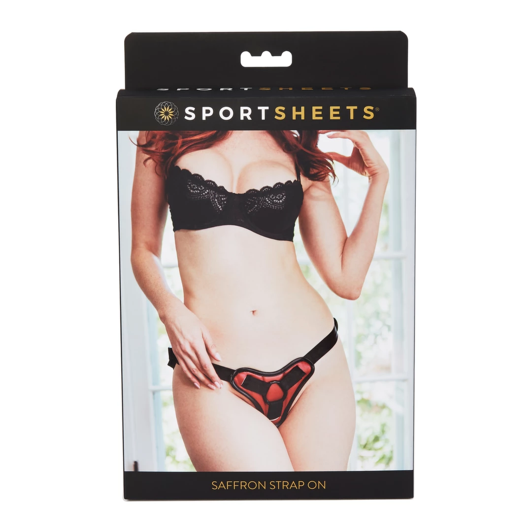 Sportsheets Saffron strap-on diržai, juodi su raudonu