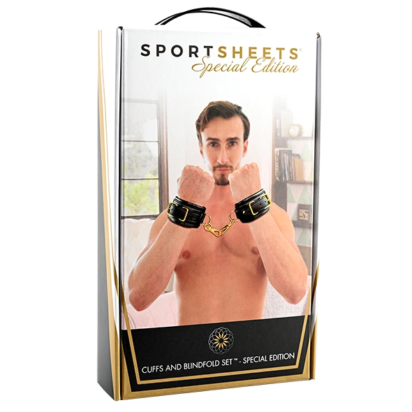 Sportsheets Special Edition antrankiai su satino akių raiščiu, juodi