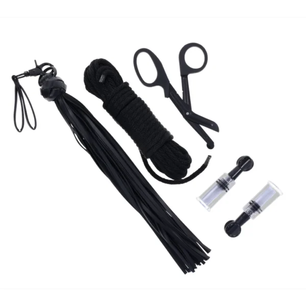 Sportsheets Tied & Twisted surišimo rinkinys su virve ir mini botagu, juodas