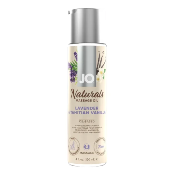 System JO Naturals levandų ir Taičio vanilės aromato masažo aliejus, 120 ml