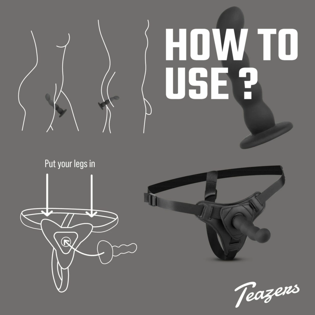 Teazers strap-on rinkinys su silikoniniu priedu ir reguliuojamais diržais, juodas